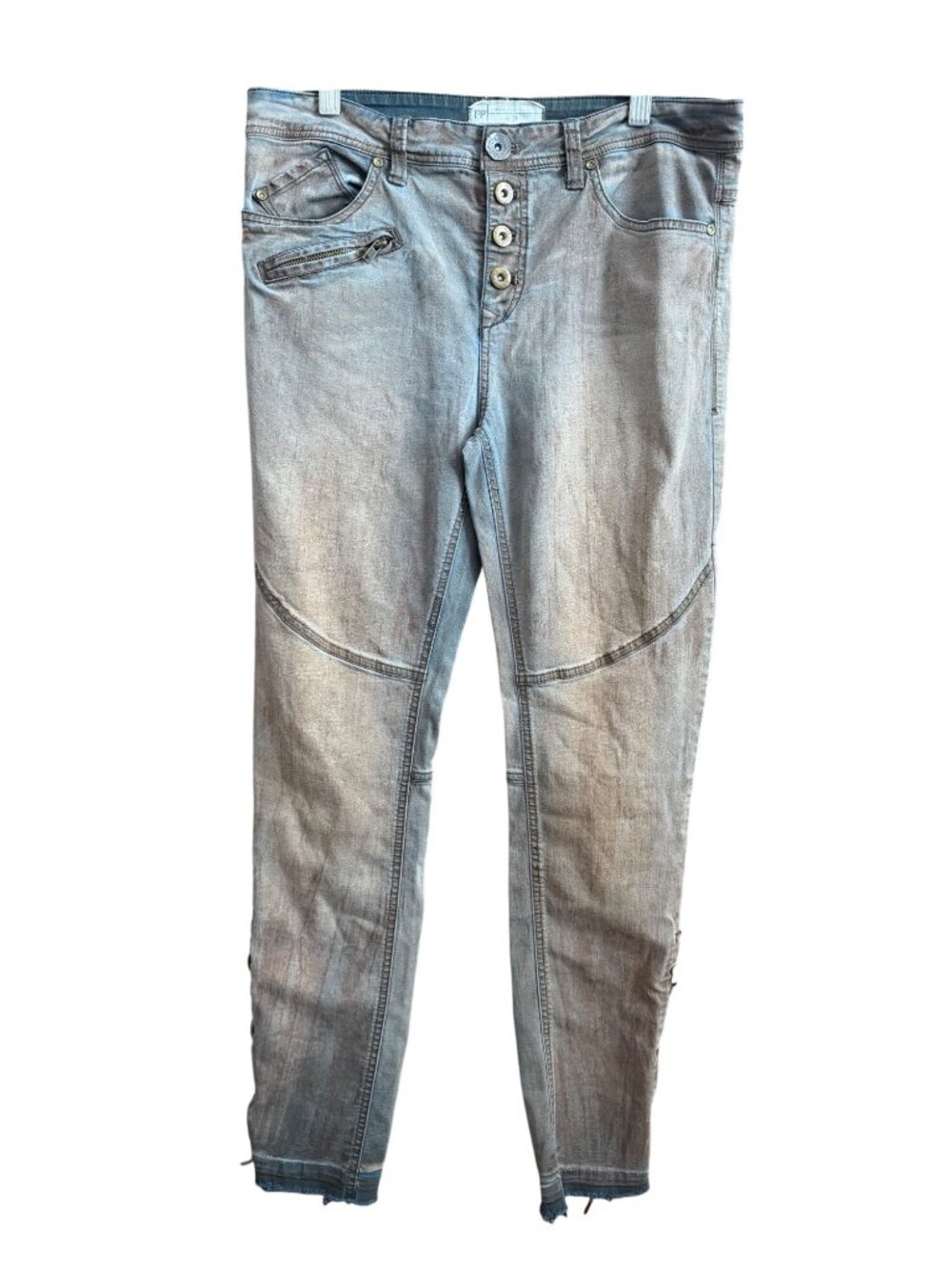 Free People Button Fly Gray Distressed Skinny Jeans With Lace-Up Hem Size 29